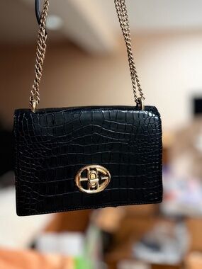 Black Croc-Embossed Chain Shoulder Bag - Gold Hardware
